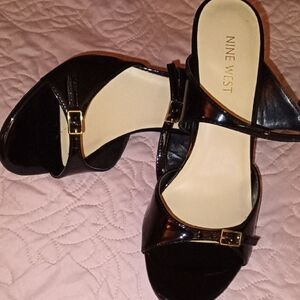 Nine West Black Patent Heels with Gold Buckle